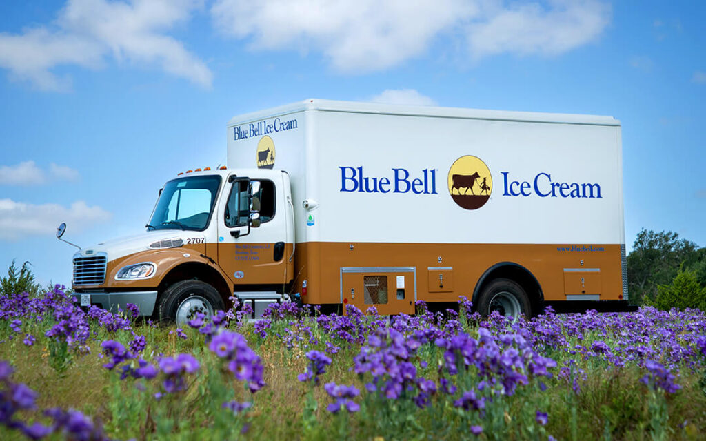 Blue Bell Ice Cream bobtail truck Blue Bell Ice Cream bobtail truck in a field of bluebell flowers