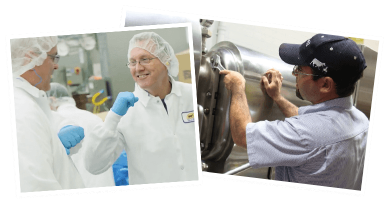 Careers Image Collage image collage of two blue bell employees high-fiving and another blue bell employee fixing a machine in the factory