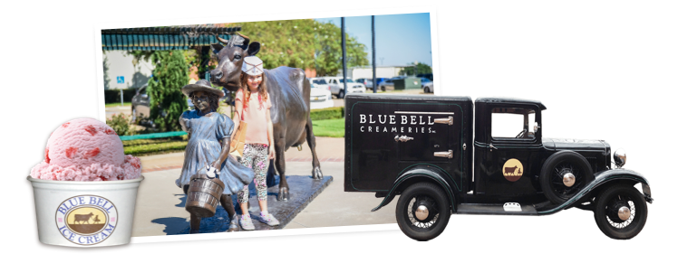 Visit Blue Bell Image Collage Blue Bell ice cream in a cup, photo of girl visiting Blue Bell Creameries, historic Blue Bell ice cream truck